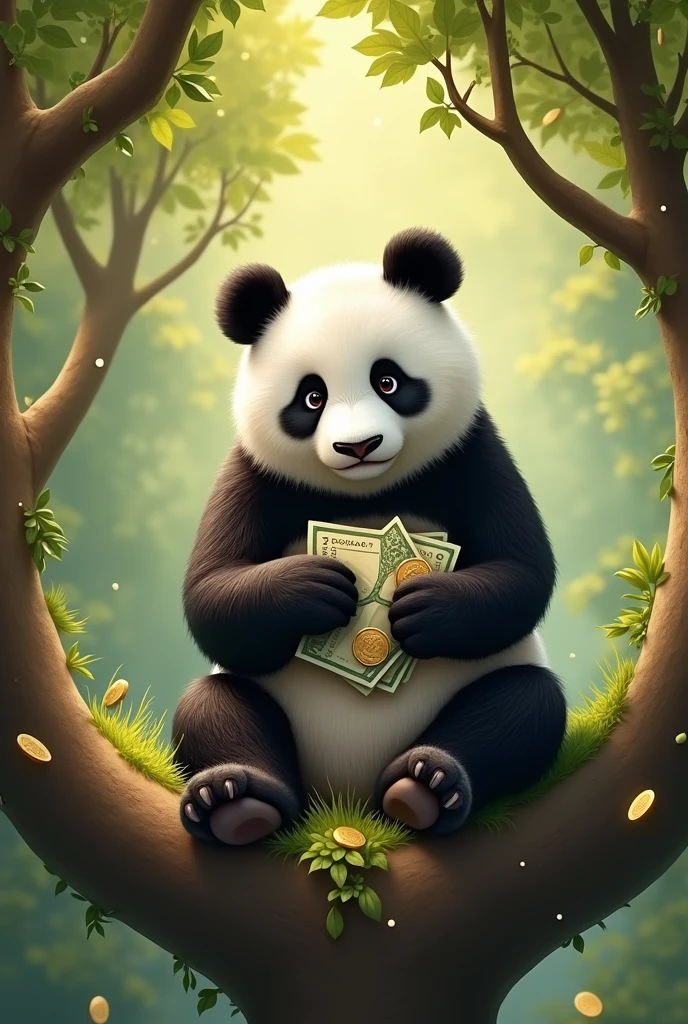 Smart and clever panda counting money on tree
