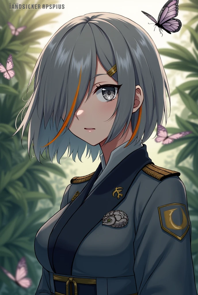 Kny-serious girl:one eye covered with the cinnamon, gray hair with an orange streak,, pillar uniform, gray haori with a moon on the shoulder, gray eye with a moon, butterfly farm background