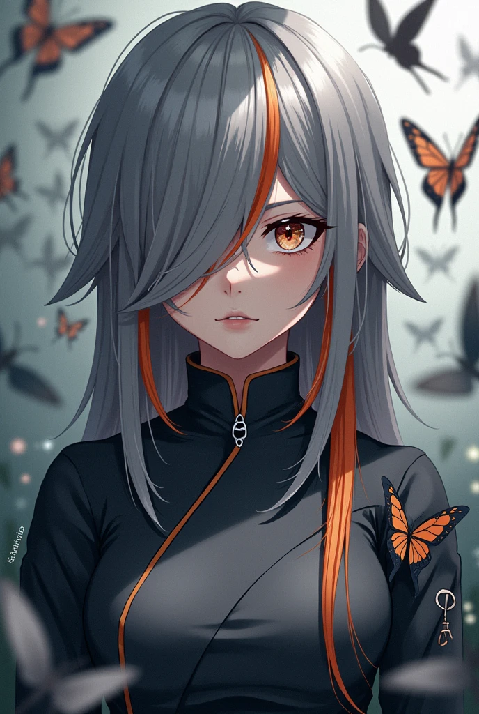Kny-serious girl:one eye covered with the cinnamon, gray hair with an orange streak,, pillar uniform, gray haori with a moon on the shoulder, gray eye with a moon, butterfly farm background
