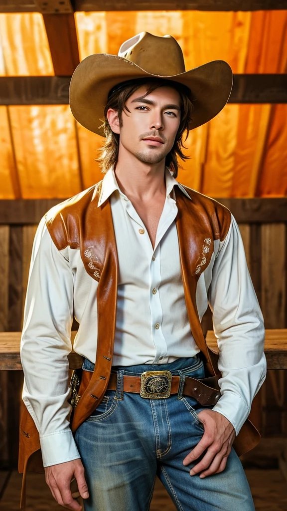 A sexy cowboy,in a horse barn, wearing cowboy hat and costume, looking at the camera seductively, bookeh, yellow sun, beautiful colourful clouds, rowdy, leather, detailed features, masterpiece, posing, cinematic, looks like a still shot from a western Film , (detailed handsome face), best quality photo, 16 k resolution, realistic photo 