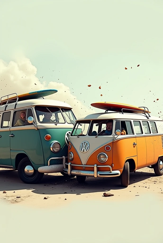 Kombi with a surfboard on the roof crashes into a regular car, profile view, 8K, High Quality, Photorealistic, Clean Background