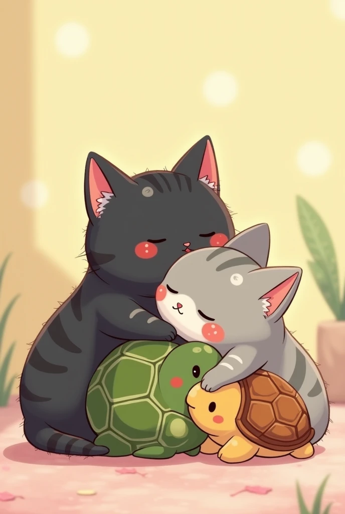 A black kitten and a turtle and a frog and a gray tabby kitten hugging each other, animated kawaii image, the gray cat with a tabby effect and I forgot to put the frog, turtle and frog separately