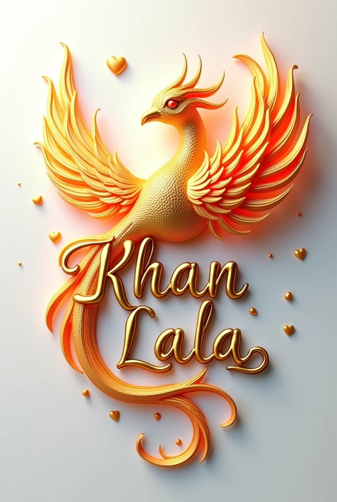 A mesmerizing 3D illustration featuring the "KHAN LALA" logo, created by a talented artist. The logo is written in an elegant, flowing font, with a charming heart nestled within its curves. A stunning, iridescent fire phoenix adorns the design, displaying vibrant, metallic shades of gold. The contrasting colors and intricate elements stand out against a pristine white background. This versatile illustration is perfect for various applications such as cinematic posters, architectural renderings, and more. The artist showcases their exceptional skills in illustration, fashion, cinematic design, vibrant colors, photography, architecture, and 3D rendering in this awe-inspiring piece., architecture, poster, product, illustration, typography, photo, cinematic, vibrant, painting, 3d render, fashion