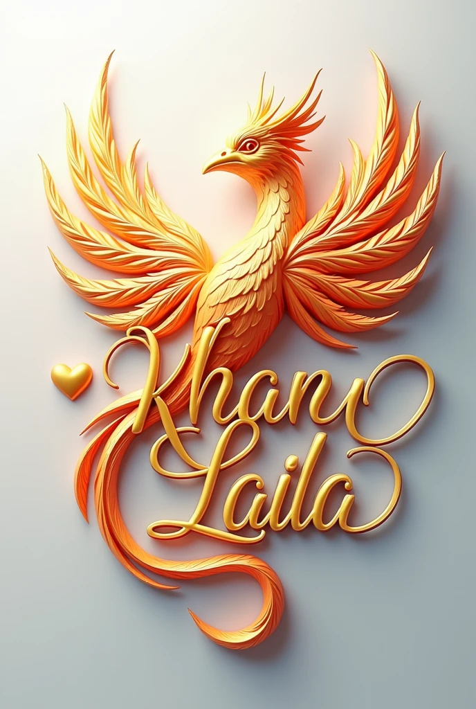 A mesmerizing 3D illustration featuring the "KHAN LALA" logo, created by a talented artist. The logo is written in an elegant, flowing font, with a charming heart nestled within its curves. A stunning, iridescent fire phoenix adorns the design, displaying vibrant, metallic shades of gold. The contrasting colors and intricate elements stand out against a pristine white background. This versatile illustration is perfect for various applications such as cinematic posters, architectural renderings, and more. The artist showcases their exceptional skills in illustration, fashion, cinematic design, vibrant colors, photography, architecture, and 3D rendering in this awe-inspiring piece., architecture, poster, product, illustration, typography, photo, cinematic, vibrant, painting, 3d render, fashion