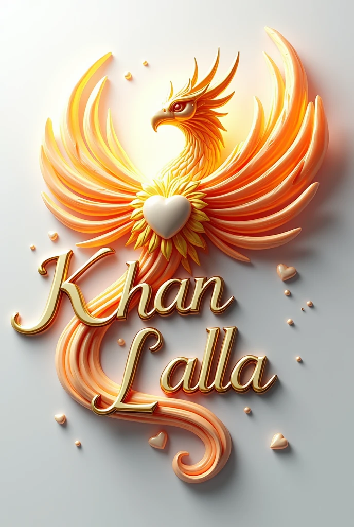 A mesmerizing 3D illustration featuring the "KHAN LALA" logo, created by a talented artist. The logo is written in an elegant, flowing font, with a charming heart nestled within its curves. A stunning, iridescent fire phoenix adorns the design, displaying vibrant, metallic shades of gold. The contrasting colors and intricate elements stand out against a pristine white background. This versatile illustration is perfect for various applications such as cinematic posters, architectural renderings, and more. The artist showcases their exceptional skills in illustration, fashion, cinematic design, vibrant colors, photography, architecture, and 3D rendering in this awe-inspiring piece., architecture, poster, product, illustration, typography, photo, cinematic, vibrant, painting, 3d render, fashion