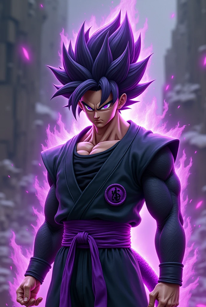 A super saiyajin with purple hair and black streaks, the aura is purple and black, the eye color is purple with black pupil. A black gi with purple lines and under the ki a black and long sleeve muscle shirt with thin purple stripes and the saiyajin tail is also purple 