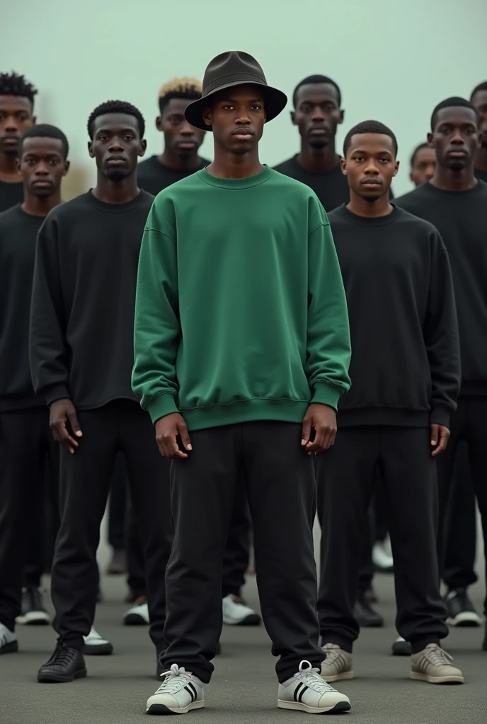 Create an image of a ager wearing a hat and a green sweatshirt with black pants and white sneakers urinating on top of a group of black people wearing black clothes and with white eyes.