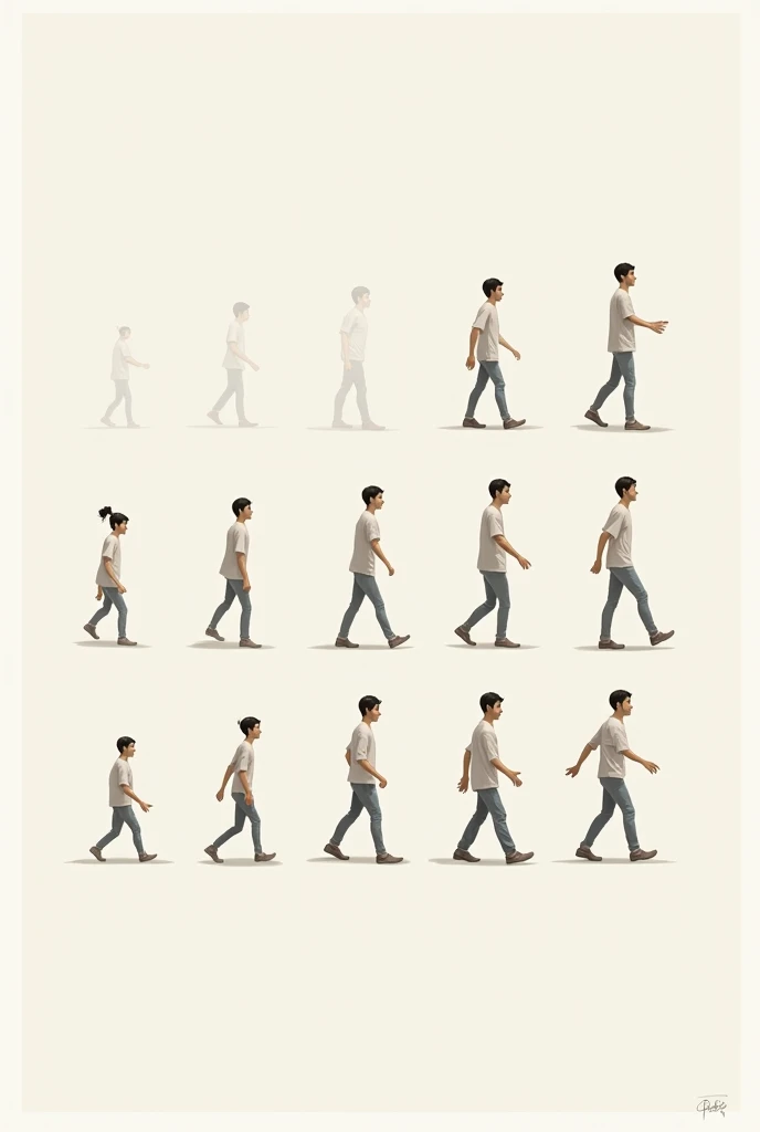 12 images of the same character walking, in logical sequence, in different sequential frames
