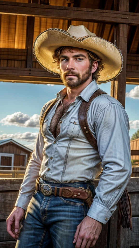 A sexy cowboy,in a horse barn, wearing cowboy hat and costume, looking at the camera seductively, bookeh, yellow sun, beautiful colourful clouds, rowdy, leather, detailed features, masterpiece, posing, cinematic, looks like a still shot from a western Film , (detailed handsome face), best quality photo, 16 k resolution, realistic photo 