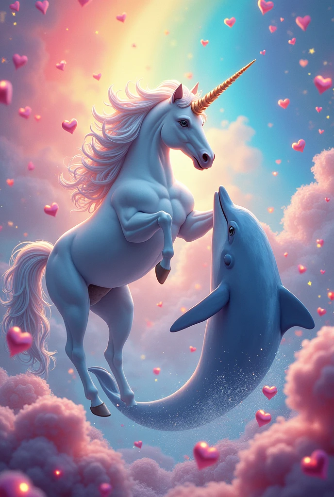 Big, big, strong unicorn and big dolphin , hearts, rainbow, lots of glitter and stars and candy