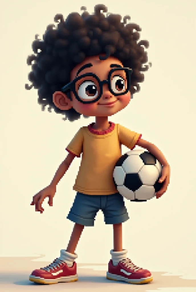  Black pixel Disney Wearing prescription glasses Curly hair and short hair Wearing a shirt and with a soccer ball