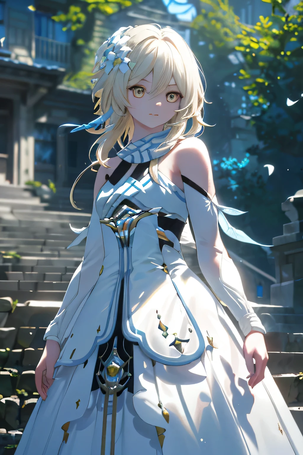 Lumine with a soft smile, standing in an exterior setting with a blue sky, long white hair flowing, gazing directly at the viewer, on a stairway with moody lighting, a genre painting style, (best quality,4k,8k,highres,masterpiece:1.2),ultra-detailed,(realistic,photorealistic,photo-realistic:1.37),beautiful detailed eyes,beautiful detailed lips,extremely detailed eyes and face,longeyelashes,intricate details,cinematic lighting,dramatic shadows,vibrant colors,dreamlike atmosphere