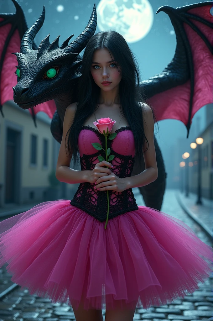 dark fantasy, a young woman in a fuchsia pink dress with a tutu of the same color with black lace, intense blue eyes, long straight messy hair, jet black color, a bubblegum pink rose for decoration, A fierce dragon with large bat wings and emerald green eyes, night background with stars and full moon, and city with buildings and a cobblestone street
