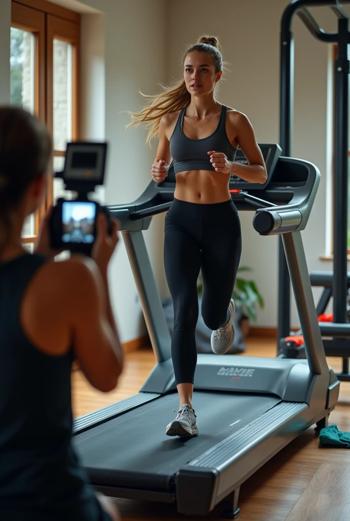 a person filming a woman running on the treadmill.