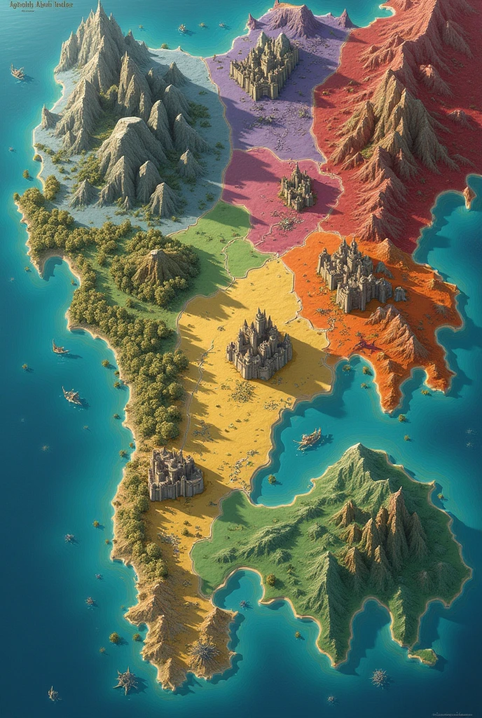 Make a map with 7 regions, each region is represented by a color
North: Located at the top of the map, the North is a mountainous region covered in dense forests. The Fauwes' castle, Eternal Ice, is located in the center of the mountains to the north.
Golden Islands: Located to the west, along the coast of the mainland, the Golden Islands are an archipelago with several smaller islands and one main one, where the Porto de Ouro dos Coels castle is located.
Vale: Located southeast of the Golden Isles, the Vale is a mountainous, verdant region. The castle High Everbean Vale sits on a mountain peak, surrounded by forests.
The Reach: In the south-central region, the Reach is a vast expanse of fertile fields and vineyards, with the Hendrikks' Verdegard castle at the heart of the cultivated lands.
West: Occupying the western region of the continent, below the Golden Isles, the West is a coastal strip with large ports. The Jahnssen Westport Castle stands on the coast, facing the sea.
The Gullet: Located east of the Reach, the Gullet is a region of swamps and misty forests. The Hargreaves' Black Mist Castle is hidden deep within the swampy forest.
Viladella: Located in the south of the map, Viladella is an arid, desert region. The Yara castle Hotsands lies in the center of the dry plains.
The map of Asshai is drawn with these regions clearly delimited, each occupying its own specific part of the continent, with landscapes that reflect the unique characteristics of each area.