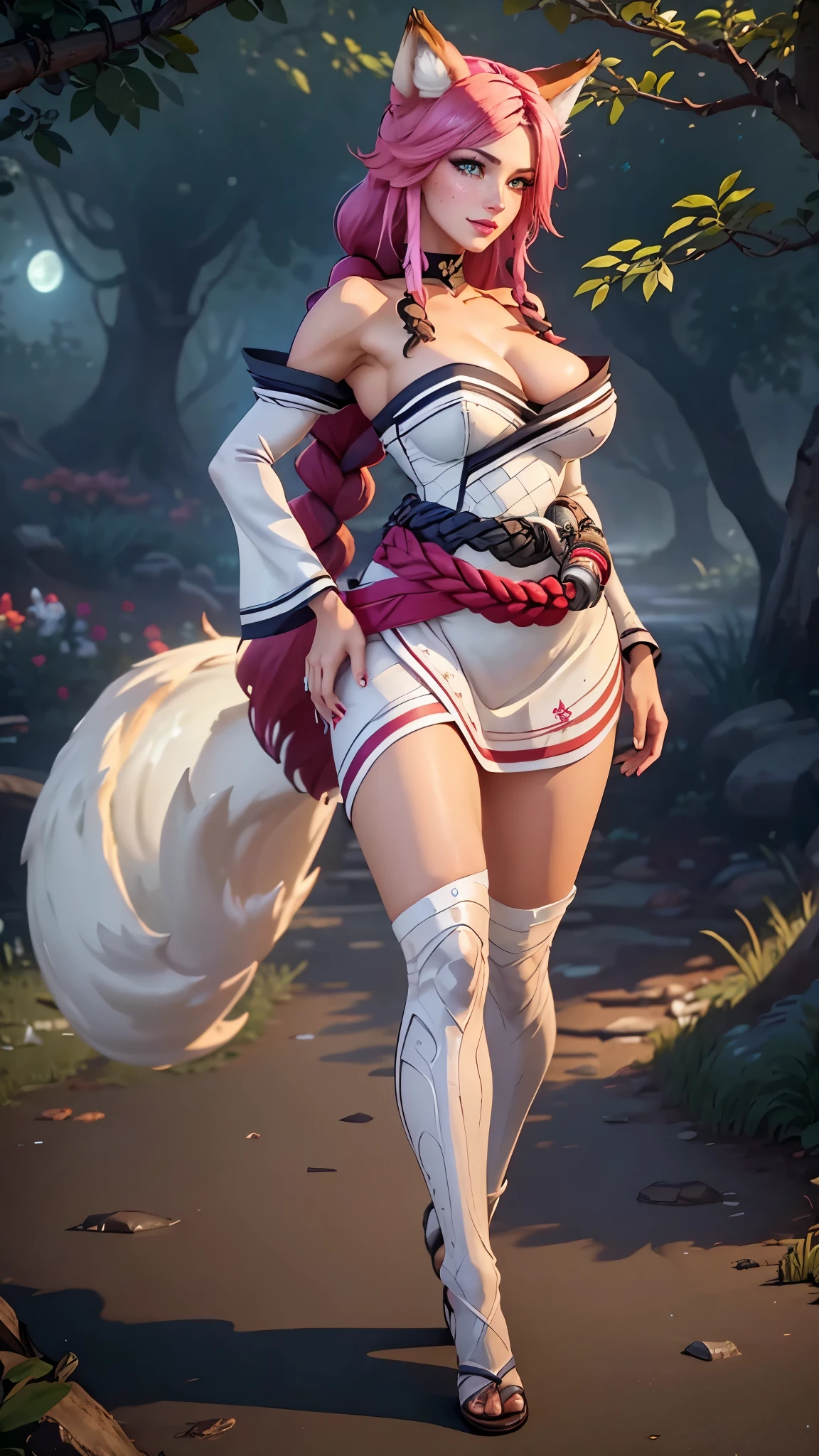 Ahri da league of legends,(best qualityer,4K,8k,high resolution, work of art:1.2)(weather: moonlight), Japanese female, spirit forest pond background, red and white long sleeve korean kimono dress, cleavage, spirit sphere, cute makeup, thigh high boots, belt, multicolored white hair, long braided hair, fox ears, multiple fox tails, ultra detailed, realistic, portrait, beautiful detailed green eyes, freckles, beautiful detailed lips, extremely detailed eye and face, beautiful girl, long eyelashes, sexly, average, large breasts, beaming smile, walking, stunning curves, bright coloured, dramatic lighting, wet body,