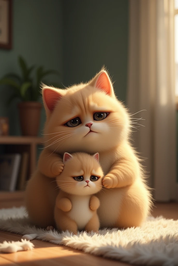 Chubby cat and kitten is sad