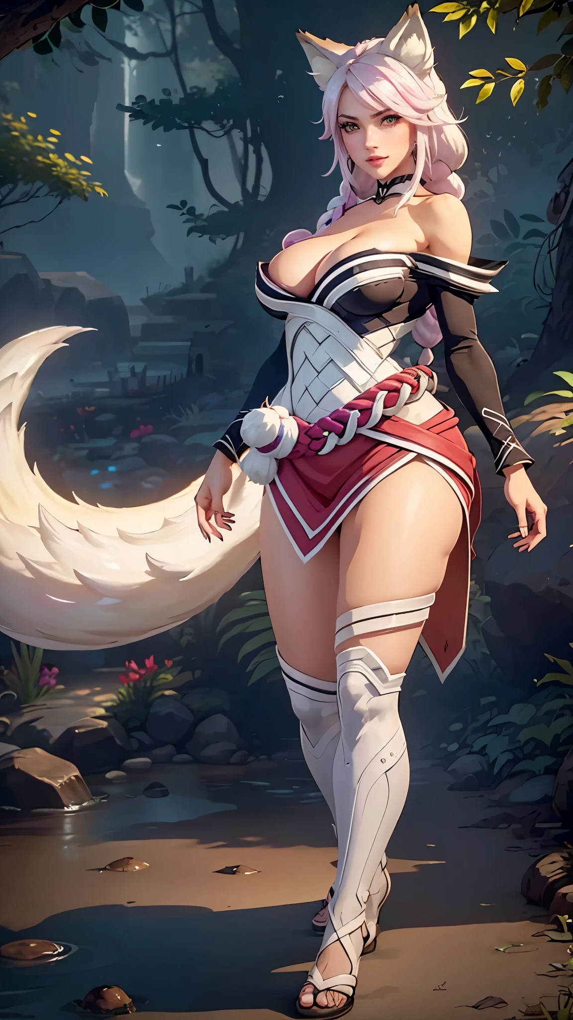 Ahri da league of legends,(best qualityer,4K,8k,high resolution, work of art:1.2)(weather: moonlight), Japanese female, spirit forest pond background, red and white long sleeve korean kimono dress, cleavage, spirit sphere, cute makeup, thigh high boots, belt, multicolored white hair, long braided hair, fox ears, multiple fox tails, ultra detailed, realistic, portrait, beautiful detailed green eyes, freckles, beautiful detailed lips, extremely detailed eye and face, beautiful girl, long eyelashes, sexly, average, large breasts, beaming smile, walking, stunning curves, bright coloured, dramatic lighting, wet body,