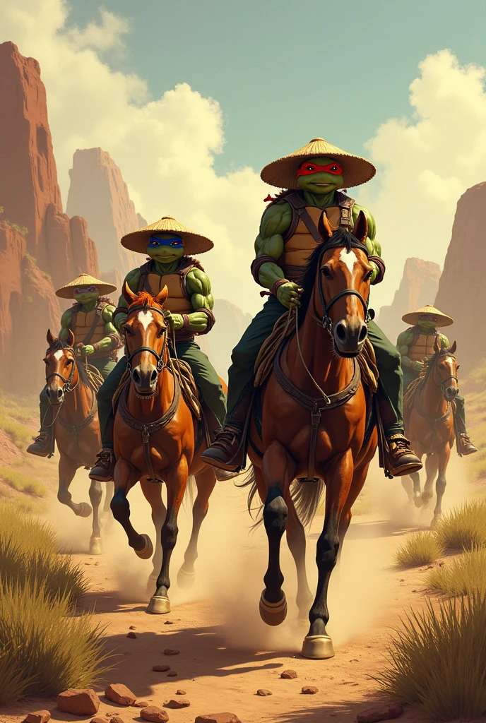 The four Teenage Mutant Ninja Turtles wearing straw hats riding horses in the backlands 