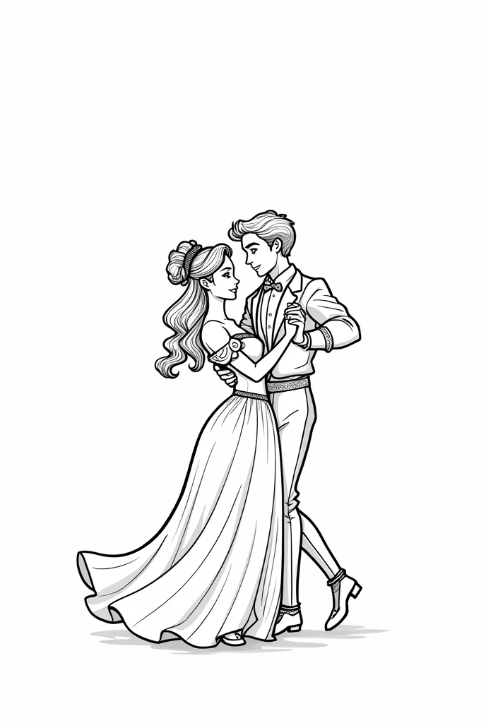 Stress-free coloring, page with image of princess with dancing scene with prince, style cartoon, linhas grossas, uncolored, totally white background, only lines. Beautiful appearance.