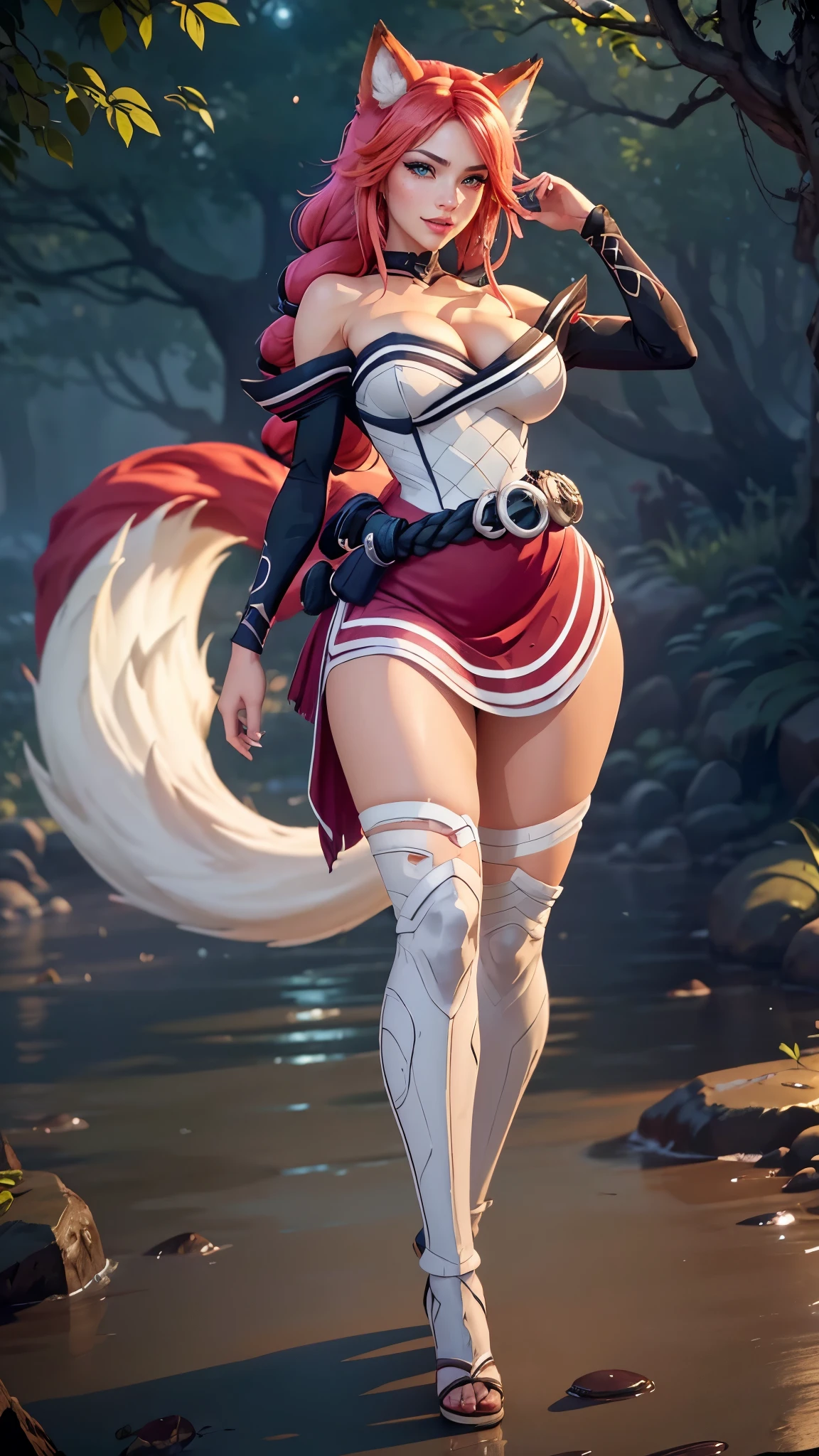 Ahri da league of legends,(best qualityer,4K,8k,high resolution, work of art:1.2)(weather: moonlight), Japanese female, spirit forest pond background, red and white long sleeve korean kimono dress, cleavage, spirit sphere, cute makeup, thigh high boots, belt, multicolored white hair, long braided hair, fox ears, multiple fox tails, ultra detailed, realistic, portrait, beautiful detailed green eyes, freckles, beautiful detailed lips, extremely detailed eye and face, beautiful girl, long eyelashes, sexly, average, large breasts, beaming smile, walking, stunning curves, bright coloured, dramatic lighting, wet body,
