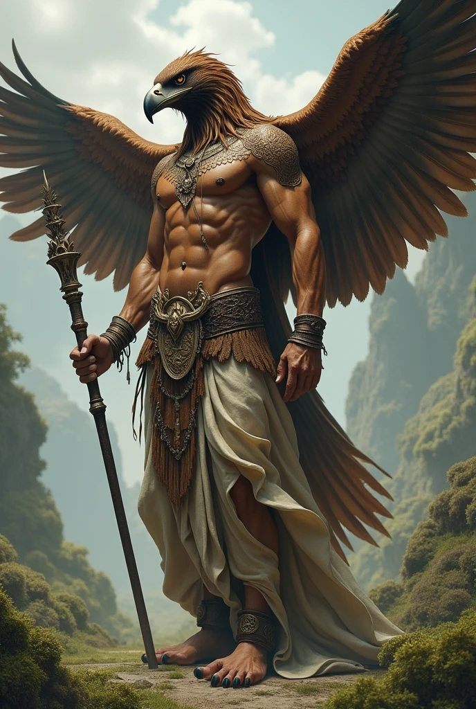 Image of a human body and a large eagle&#39;s head and large brown wings with a tunic on and a scepter in his hand