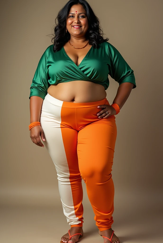 matronly Indian lady in orange and white leggings with big thighs sitting on a chair.
Camera from a very low angle. So wedgey and
Boobs visible-green top wear.
Generate diversified pose photos.