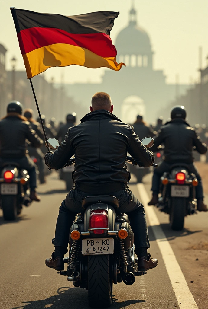 Dozens of motorcycle gangsters ride their motorbikes with their backs to the camera Carrying the German Flag 5