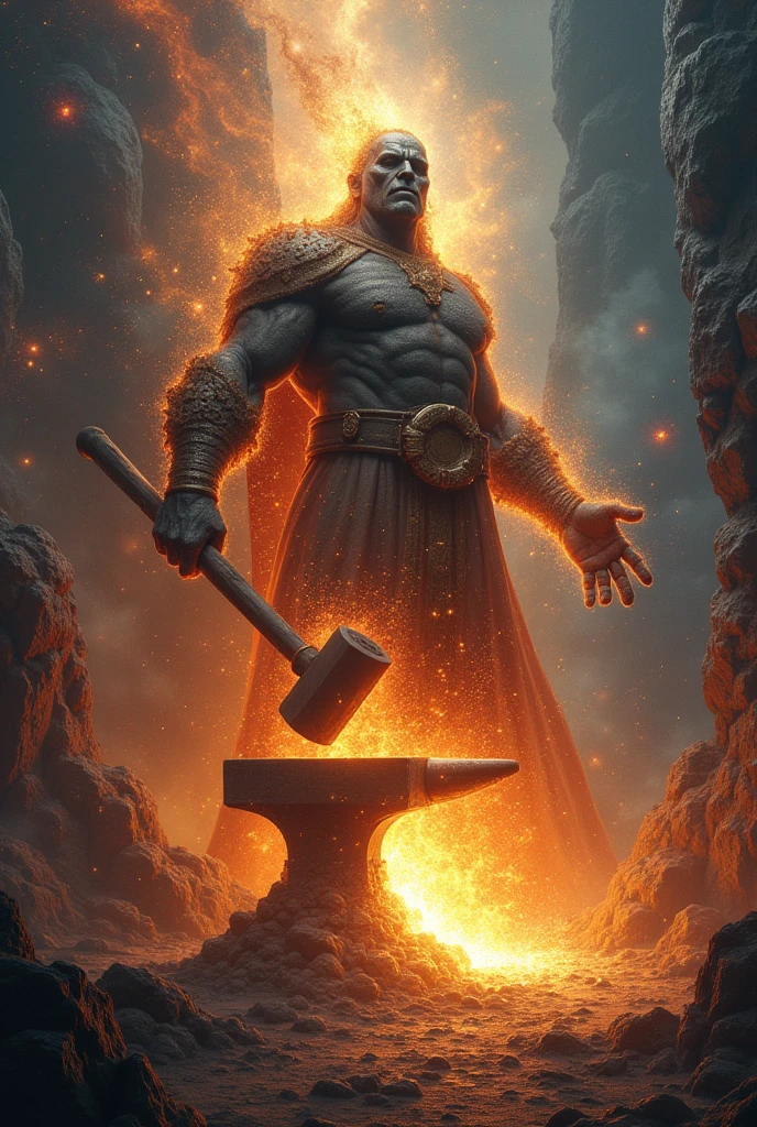 Imagine a cosmic blacksmith forging stars, planets, and galaxies in a massive celestial workshop. The forge is a glowing, fiery furnace at the heart of a nebula, with sparks of creation flying in every direction. The blacksmith, a towering figure made of stardust and light, hammers raw cosmic material on an anvil, shaping it into new worlds. The background is a swirling mass of galaxies, quasars, and cosmic dust, all part of the creation process. The scene is a blend of ancient craftsmanship and cosmic wonder, illustrating the birth of the universe.