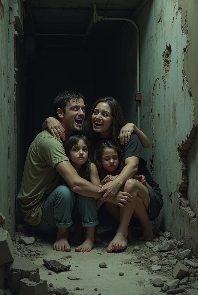 Scared people hiding in a crumbling basement in the future