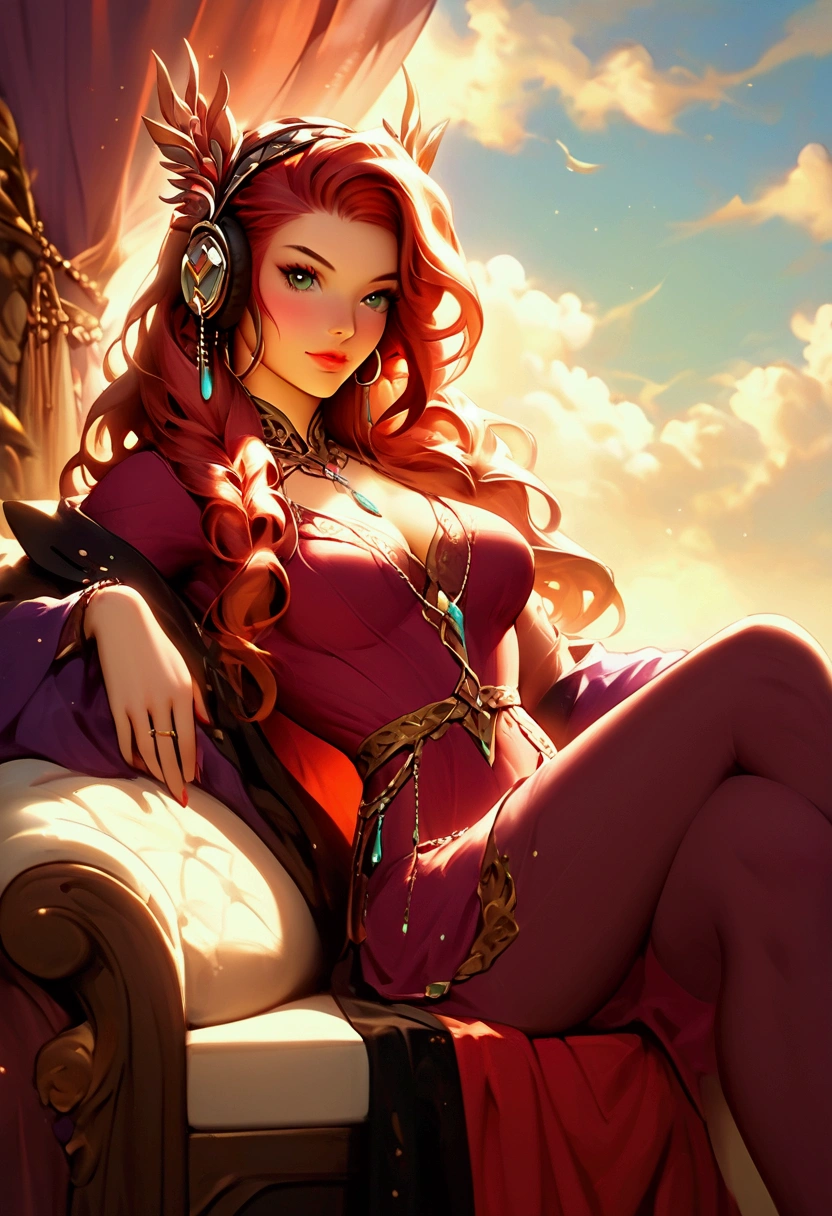 A stunningly ethereal woman, wearing headphones, composed of a dazzling array of rainbow hues, reclines gracefully at the end of a radiant rainbow amidst the fluffy clouds in the sky. Bathed in dynamic and enchanting lighting, accentuates her vibrant, full-bodied form. Fantasy art. Masterpiece