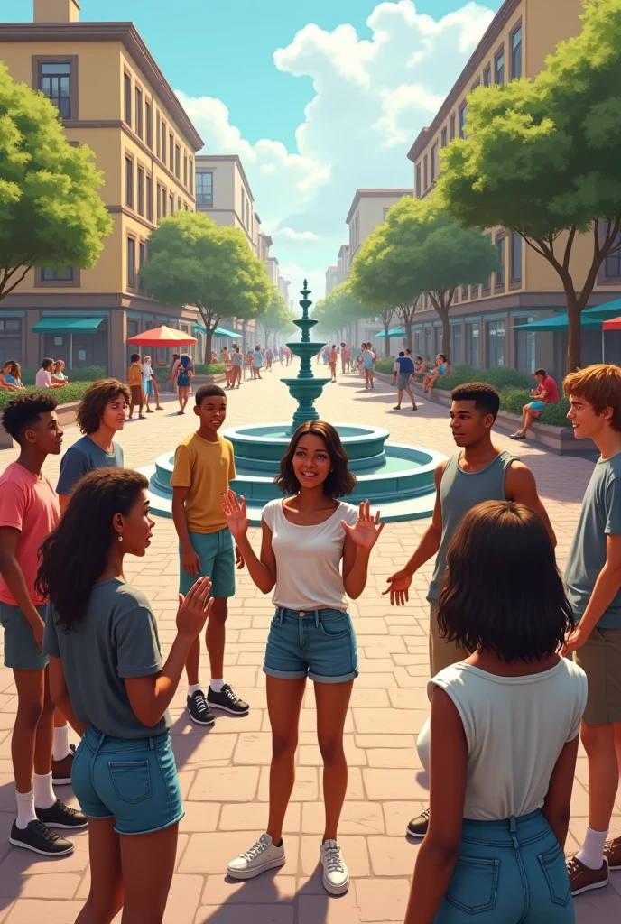 brown teenagers interacting, in a square