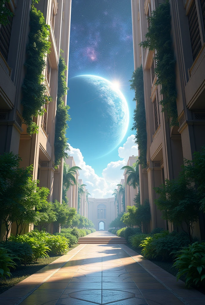 a corridor of walls with plants and buildings opening onto a square as you walk, showing the universe at the end with no defined end
