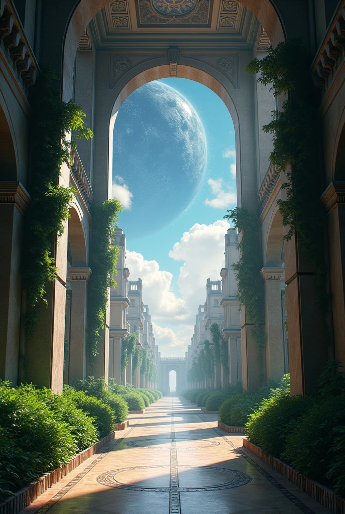 a corridor of walls with plants and buildings opening onto a square as you walk, showing the universe at the end with no defined end
