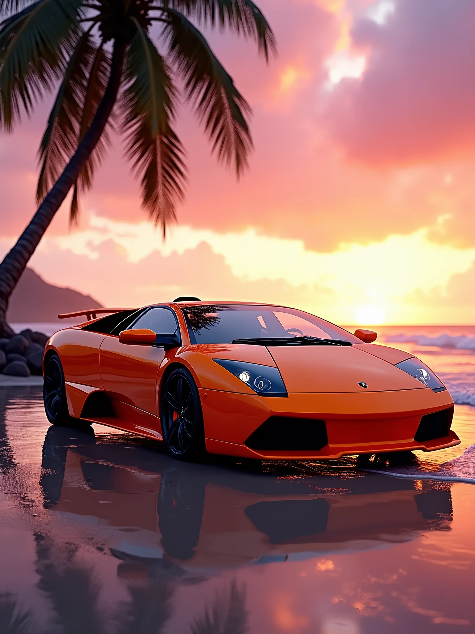 orange Lamborghini Murcielago lp0 sports car parked near a beach with a palm tree with warm sunlight on a beautiful sunset with rays of sun and a contrasting sky of violet and pink, high definition, high quality wallpapers, bold Lamborghini style , supercar, ultra realistic photography, luxury lifestyle, photo, cinematic, vibrant