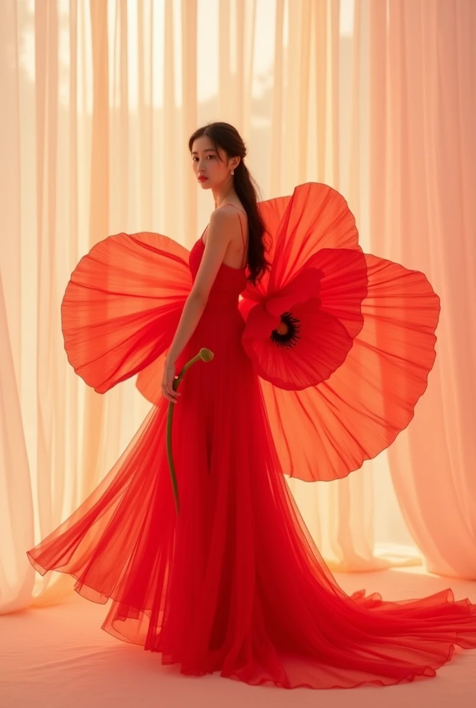Light red tone, background of transparent soft pale beige pleated voile, minimalist, elegant, pure gentle, soft light, photorealistic. Hypergiant red poppy with huge and long petals. (petal made of thin and soft tulle, flowing petals full background, floating petals, hyperflying petals, Smoke and petal effect mix). Beauty extravagant woman full length, Beautiful legs,shoes,in a fast dance pose, (Ultra detailed face, hyperrealistic) posing with this poppy, woman holding green stem in front of her, center of poppy in the photo, woman looking at viewer, permission 8k, 12K, masterpiece, top quality,