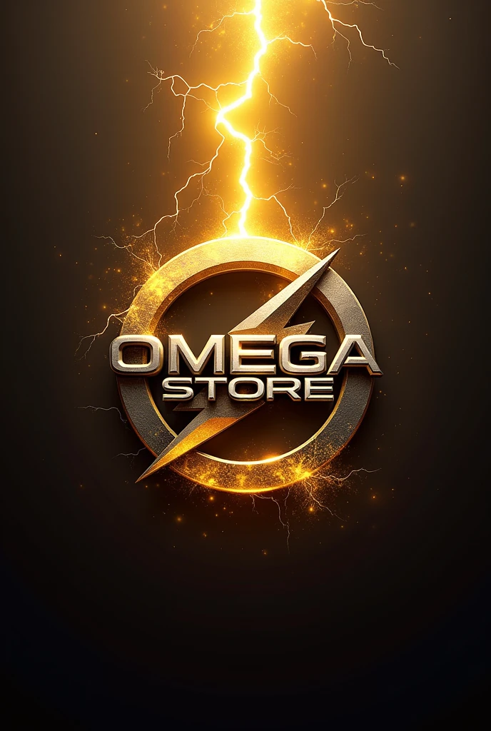 A LOGO THAT SAYS OMEGA STORE AND HAS LIGHTNING LIGHTS, in gold and silver colors that highlight the bright colors