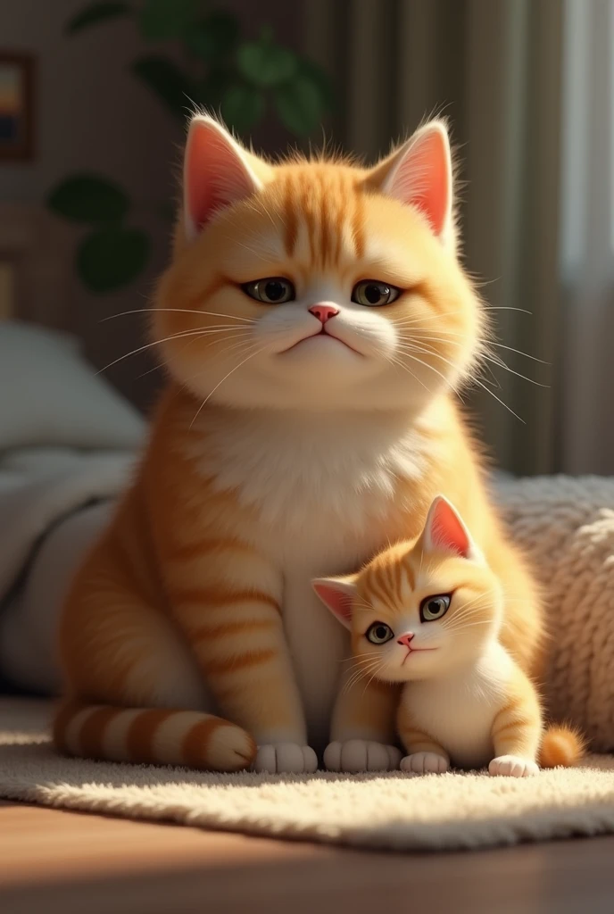 Chubby cat and kitten is sad