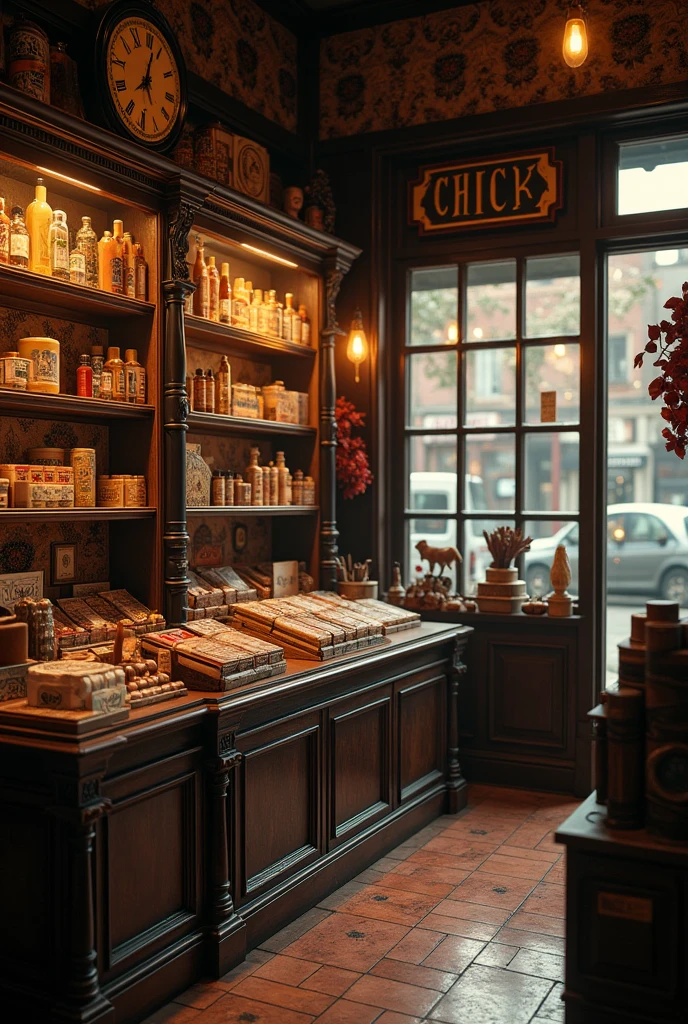 A fully stocked tobacco shop with male products in retro vintage display windows, a nostalgic and wonderful ambience, detailed interior, bokeh lighting, sepia toned, cinematic composition, warm and cozy atmosphere, old world charm, intricate details, high quality, photorealistic, masterpiece