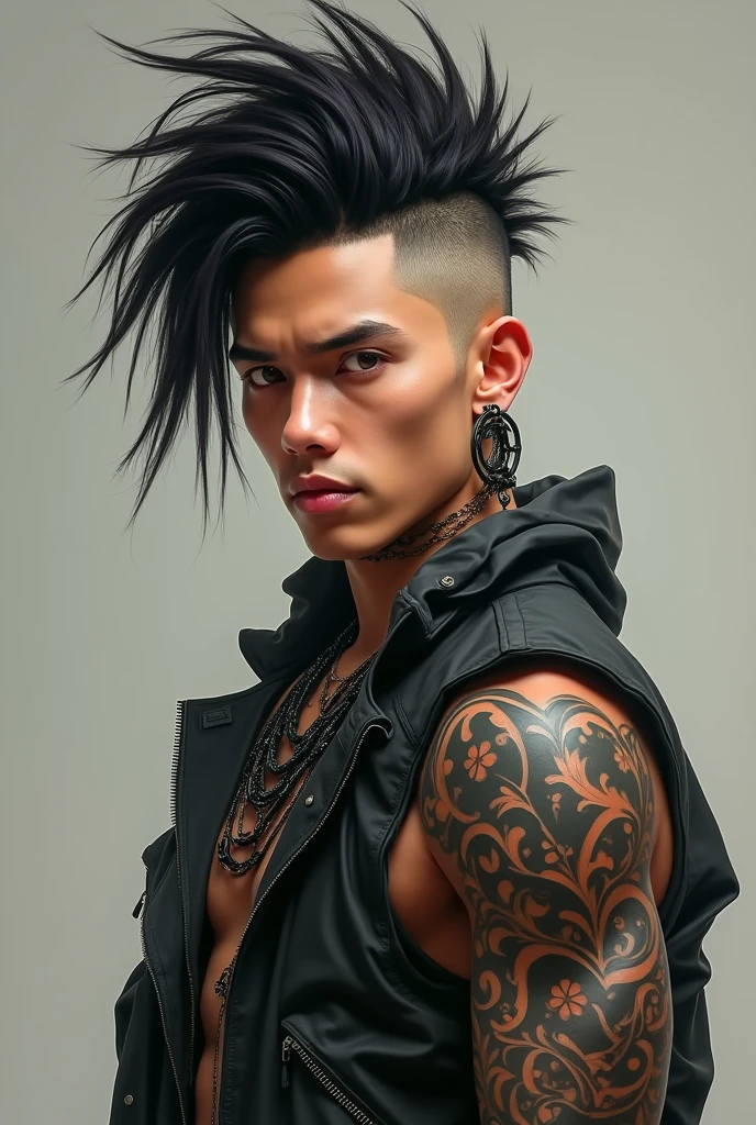 realistic picture, tao, 25 years, size, trained, tribal tattoo on the whole right arm, significant face, lace mohawk,