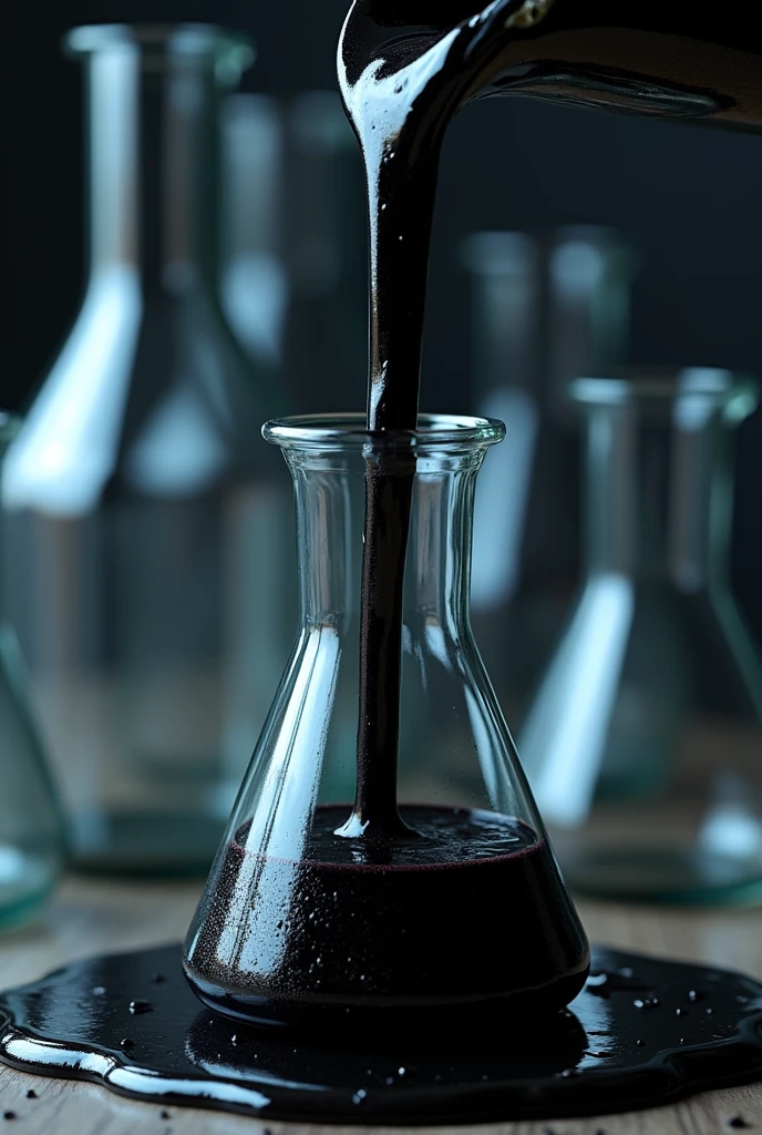 black liquid, thick falling into a beaker and in the background a pile of empty beakers