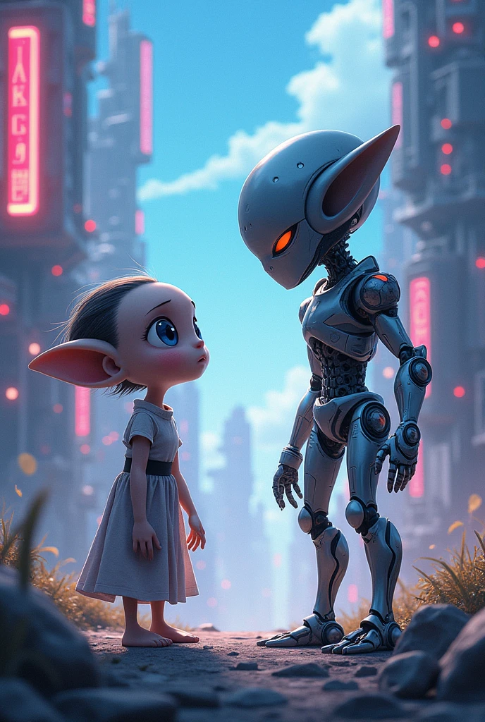 An alien approaches the robot, curious. アニメ