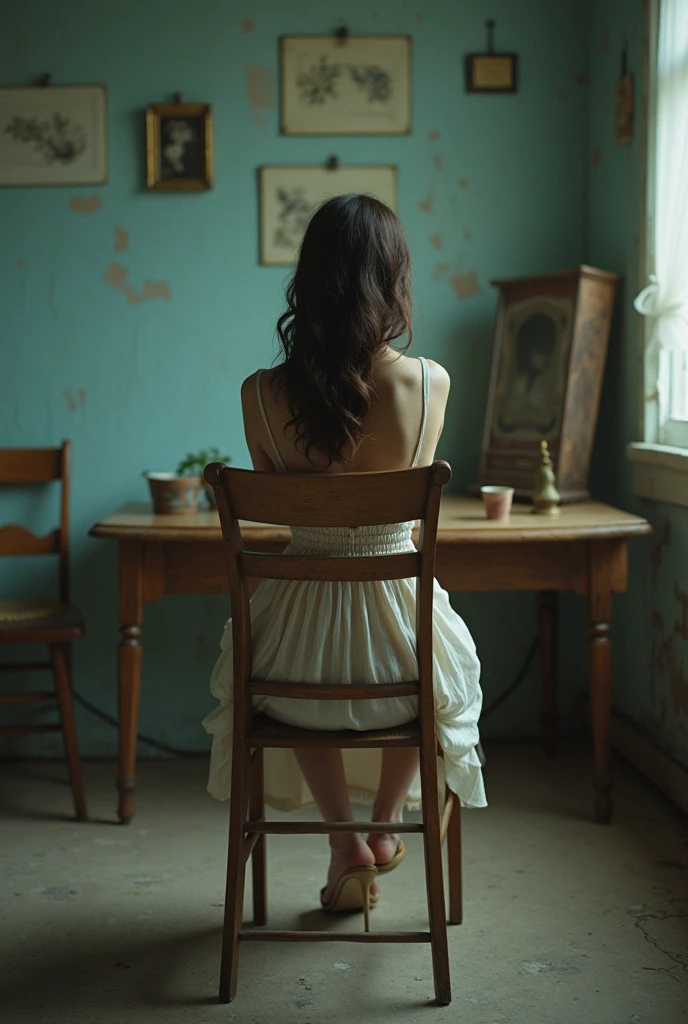 girl in her 20s sitting on wooden chair, wearing summer dress, 1980s vibe, vintage vibe, wearing high heels, back view, back shot, behind shot, faded photo, vintage house, cool lighting 