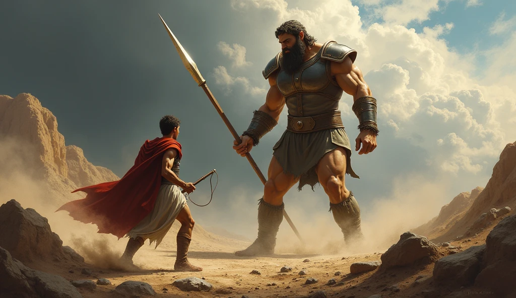 (photorealism:1.2), David kills the giant Goliath (VERY GIANT) with a small stone, gaining fame