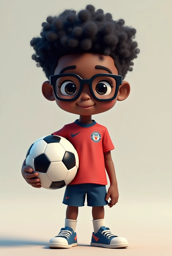 Black pixel Disney Wearing prescription glasses Short curly hair Wearing a team jersey and holding a soccer ball