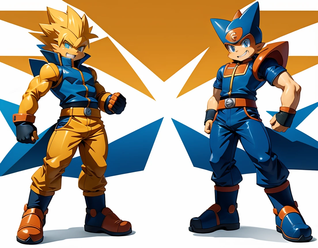 Highest quality,Full body image,2boys,Super Saiyan Rockman EXE and Naruto in Rockman EXE clothes