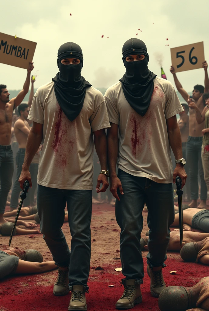 Two man standing with ski mask and bandana covering their face standing in the middle of a war field. Blood all over tshirt of both. Holding microphones in their hand like a knife. Dangerous look in their eyes. 10 to 12 people in background smoking, throwing champagne and everyone happy and partying. People holding cardboard saying Mumbai and 56. Both man Standing still beneath them there are many dead bodies of rappers laying down dressed in hip hop clothing in complete blood bath on the ground. 1:1