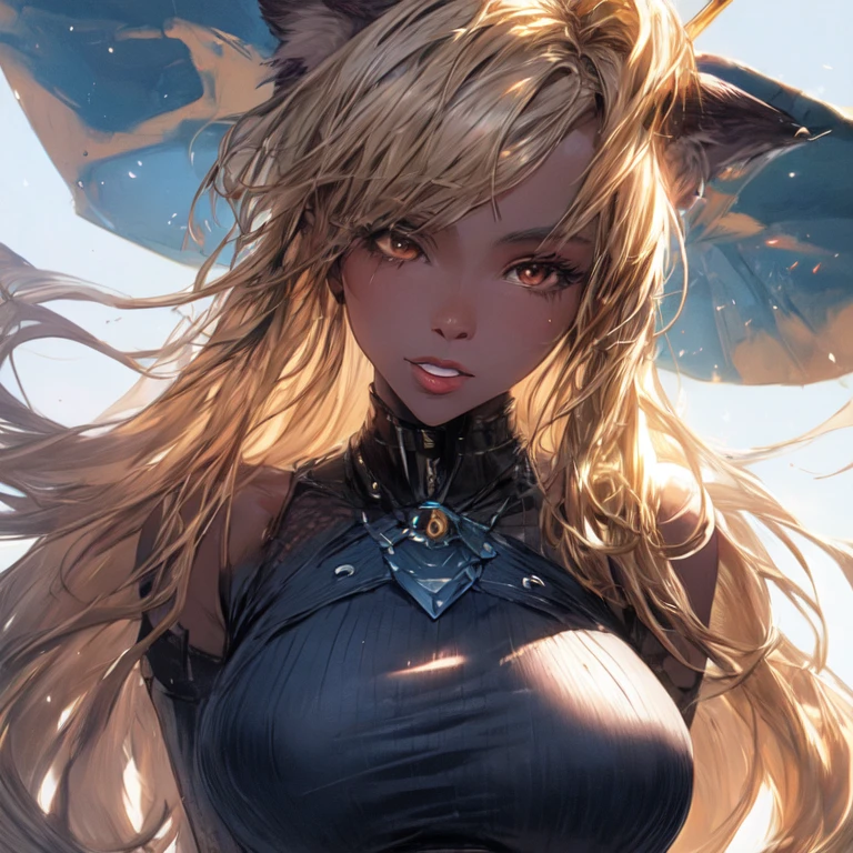 Beautiful werewolf girl with long golden hair, light skin color and brown eyes and big breasts, UHD, textured skin, super detail, high details, high quality,