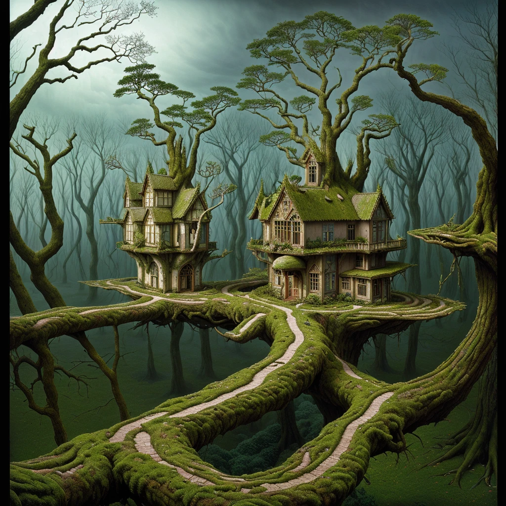 Gnarled branches Wide fairytown wonky shire , by Jacek Yerka , Woodroffe, Pranckevicius, Alexander Jansson