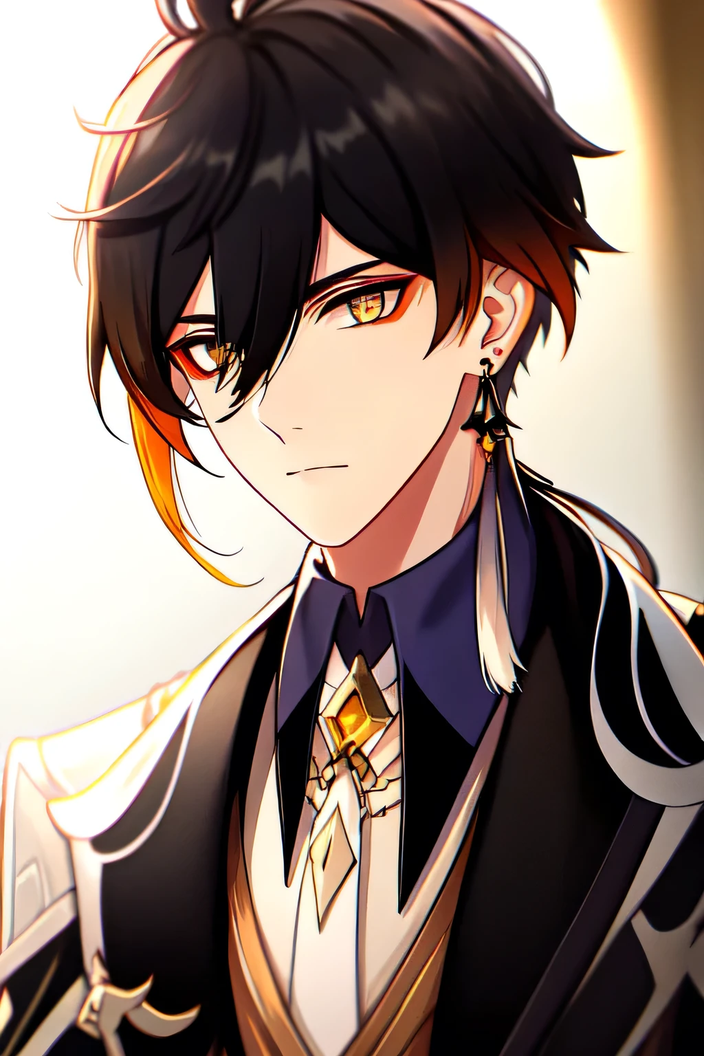 a detailed portrait of a young man with long, gradient-colored hair and bangs, looking directly at the viewer. he is wearing a collared shirt, jacket, and black gloves, and has earrings, including a single tassel earring. his hair is styled in a ponytail, and his eyes have yellow irises. the image has an air of formality and refinement, with a high level of detail and realism.